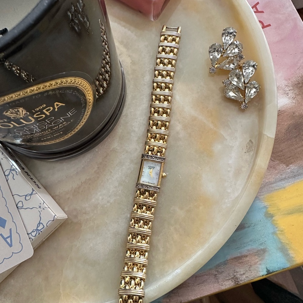 RARE Vtg Citizen Gold Diamond Bezel Mother-of-Pearl Panther Link Bracelet Watch